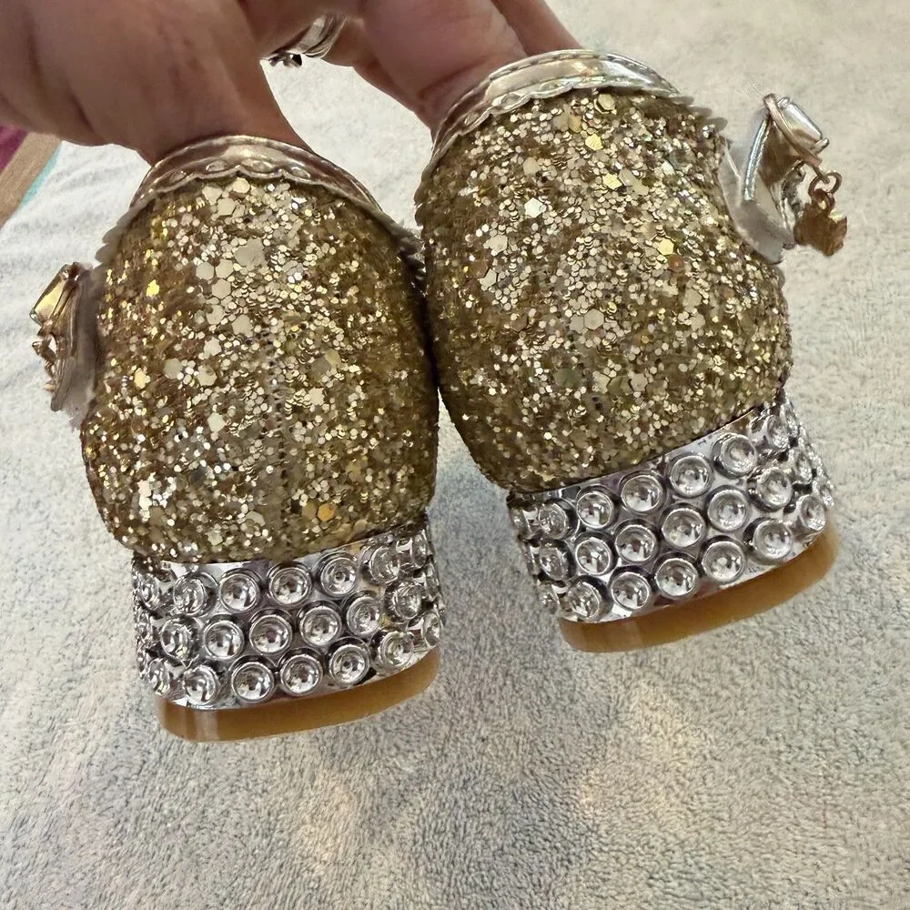 Trish Scully Gold Girls Shoes 4 Heels Butterfly Rhinestone Bling Formal Dance 36